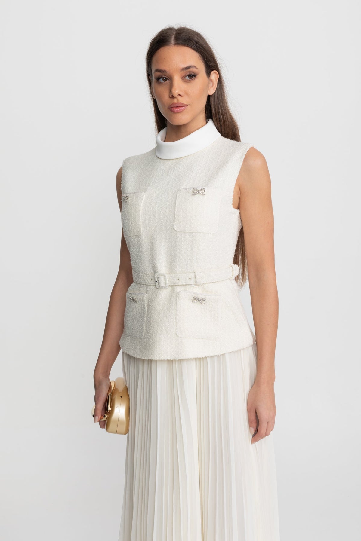 Sleeveless Textured Midi Dress with Pleated Chiffon Skirt – Ivory