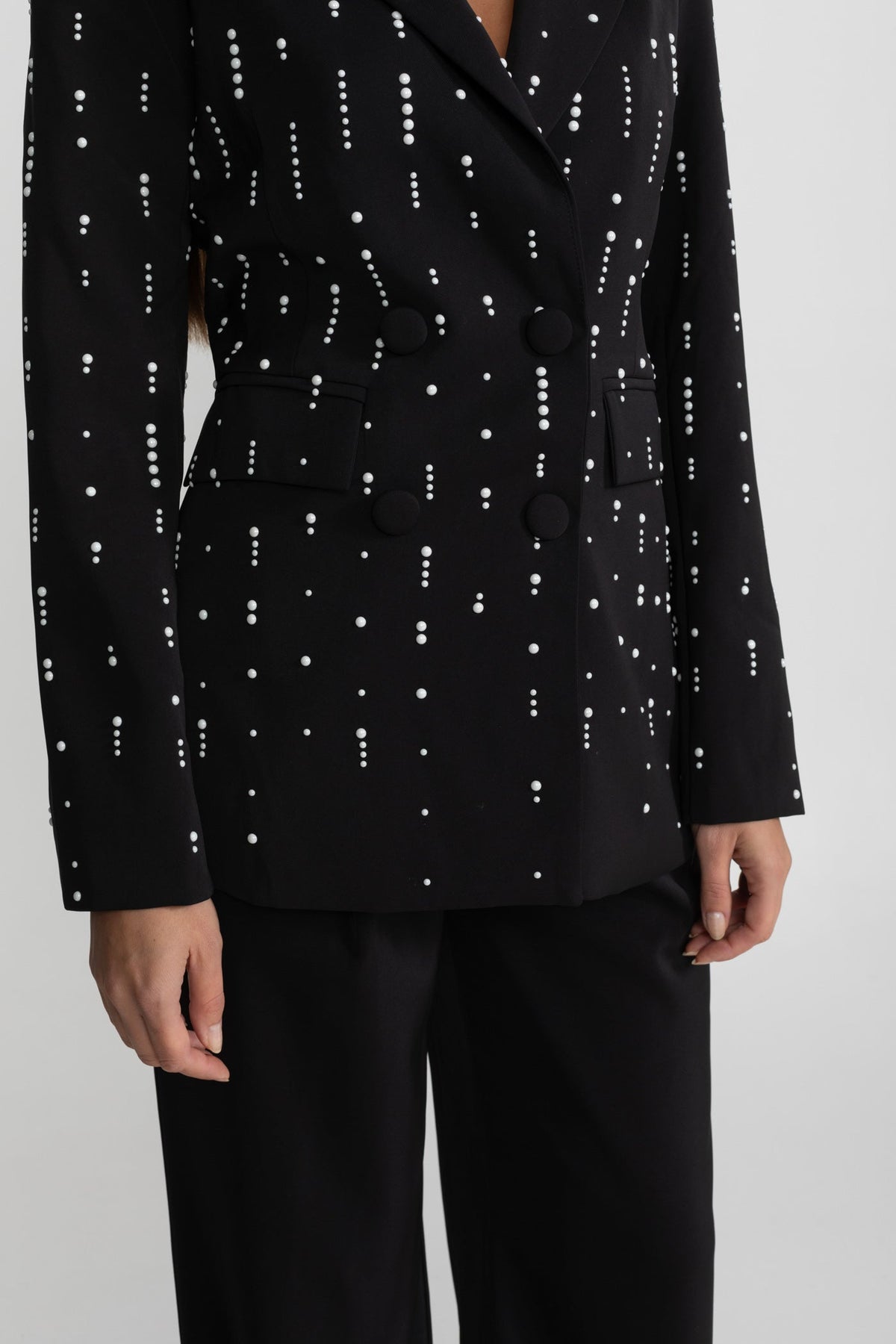 Double-Breasted Tailored Blazer with White Bead Embellishments – Black – view 7