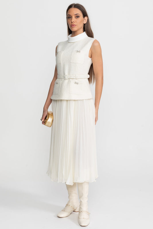 Sleeveless Textured Midi Dress with Pleated Chiffon Skirt – Ivory