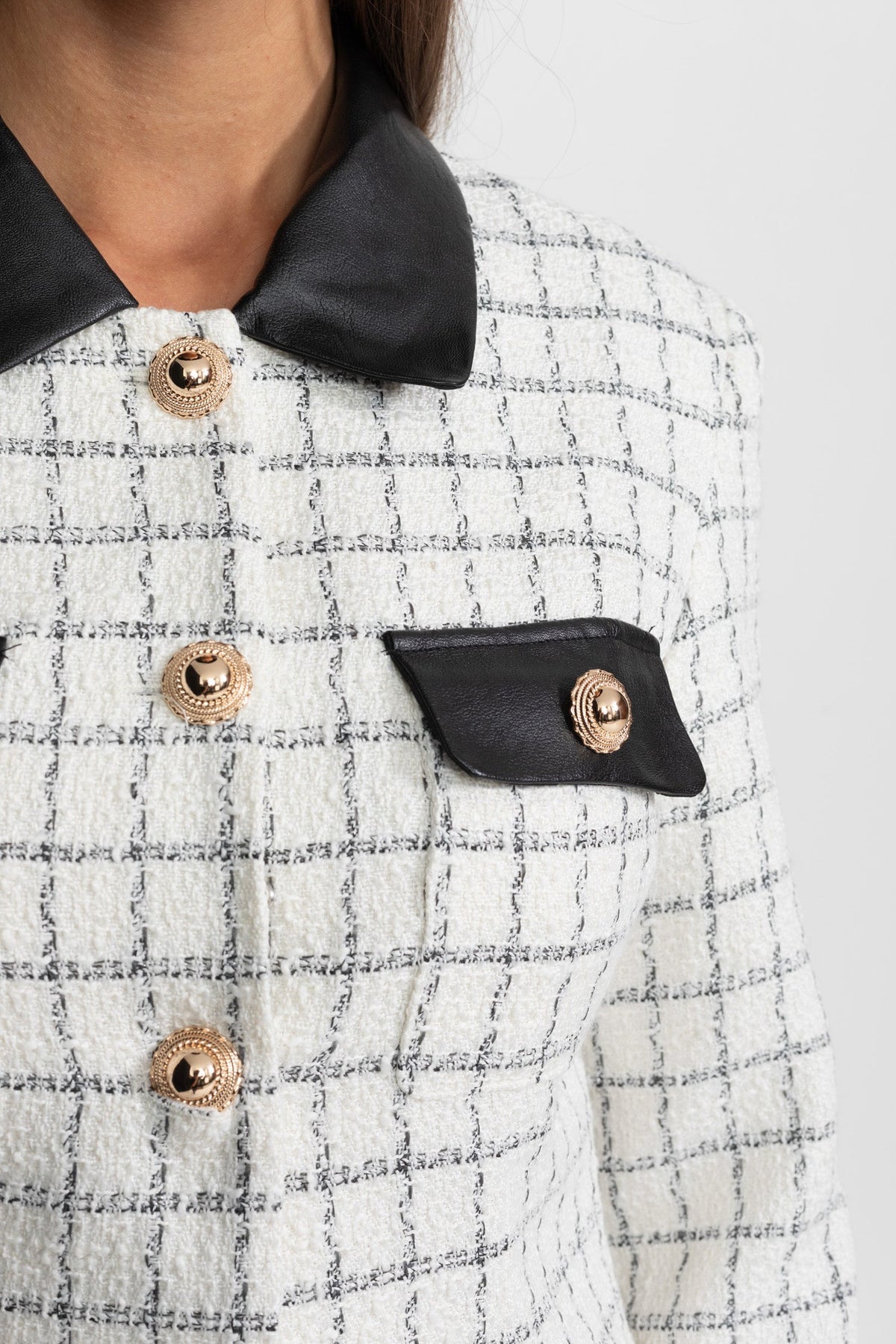 Tweed Mini Dress with Faux Leather Collar and Gold Buttons – White and Black