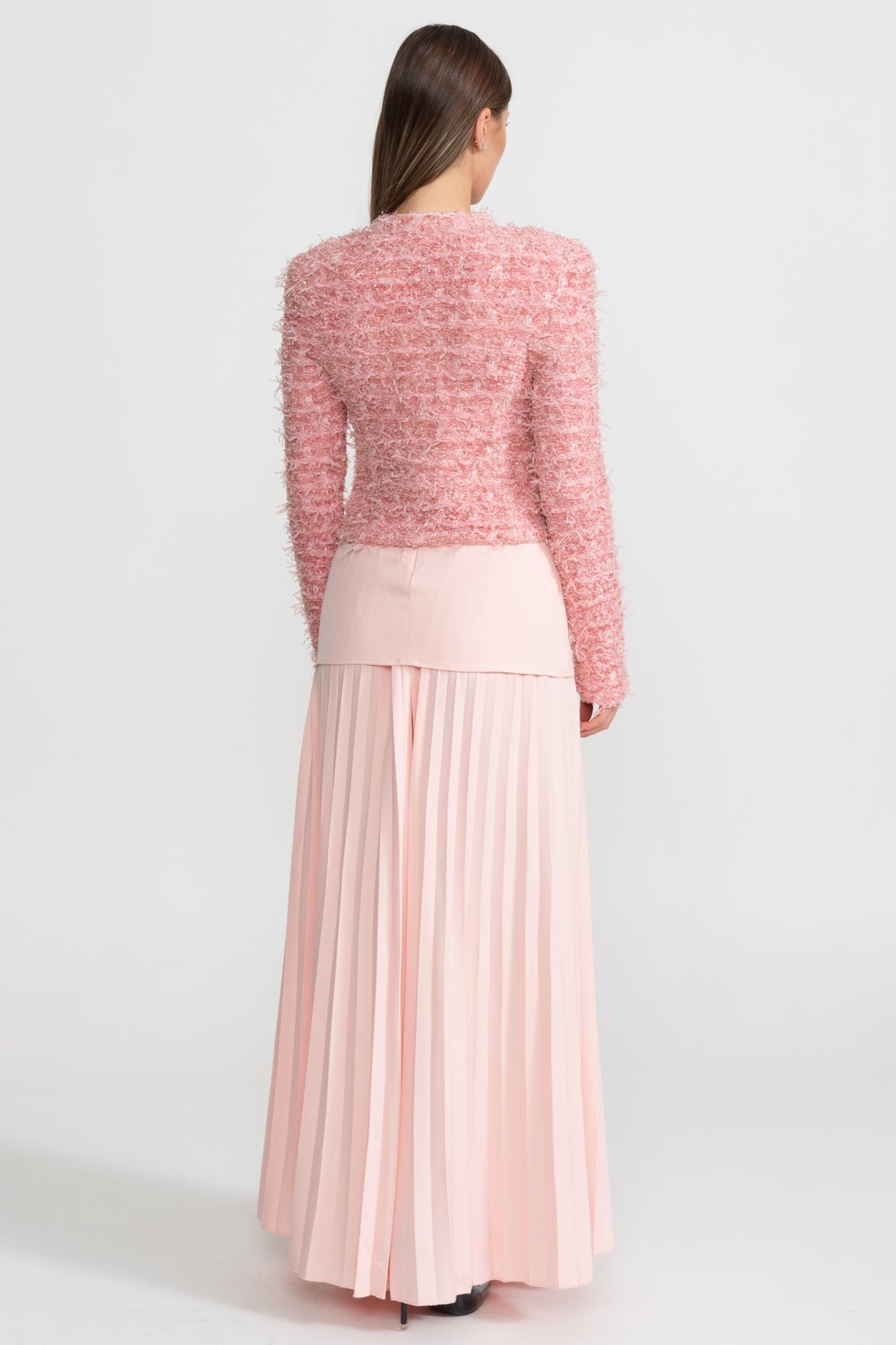 Round Neck Textured Tweed Jacket with Gold Buttons – Pink – view 6