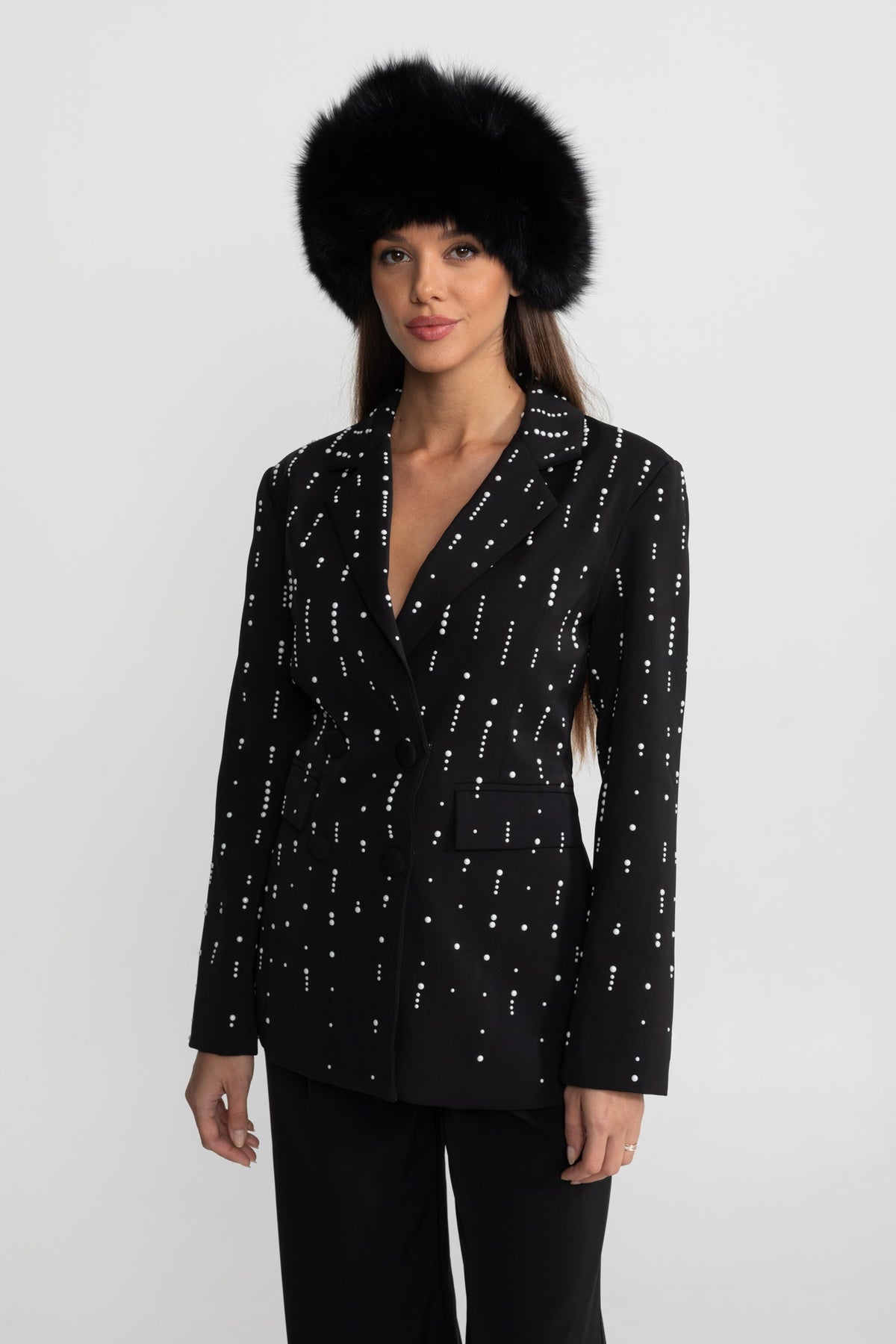 Double-Breasted Tailored Blazer with White Bead Embellishments – Black – view 2
