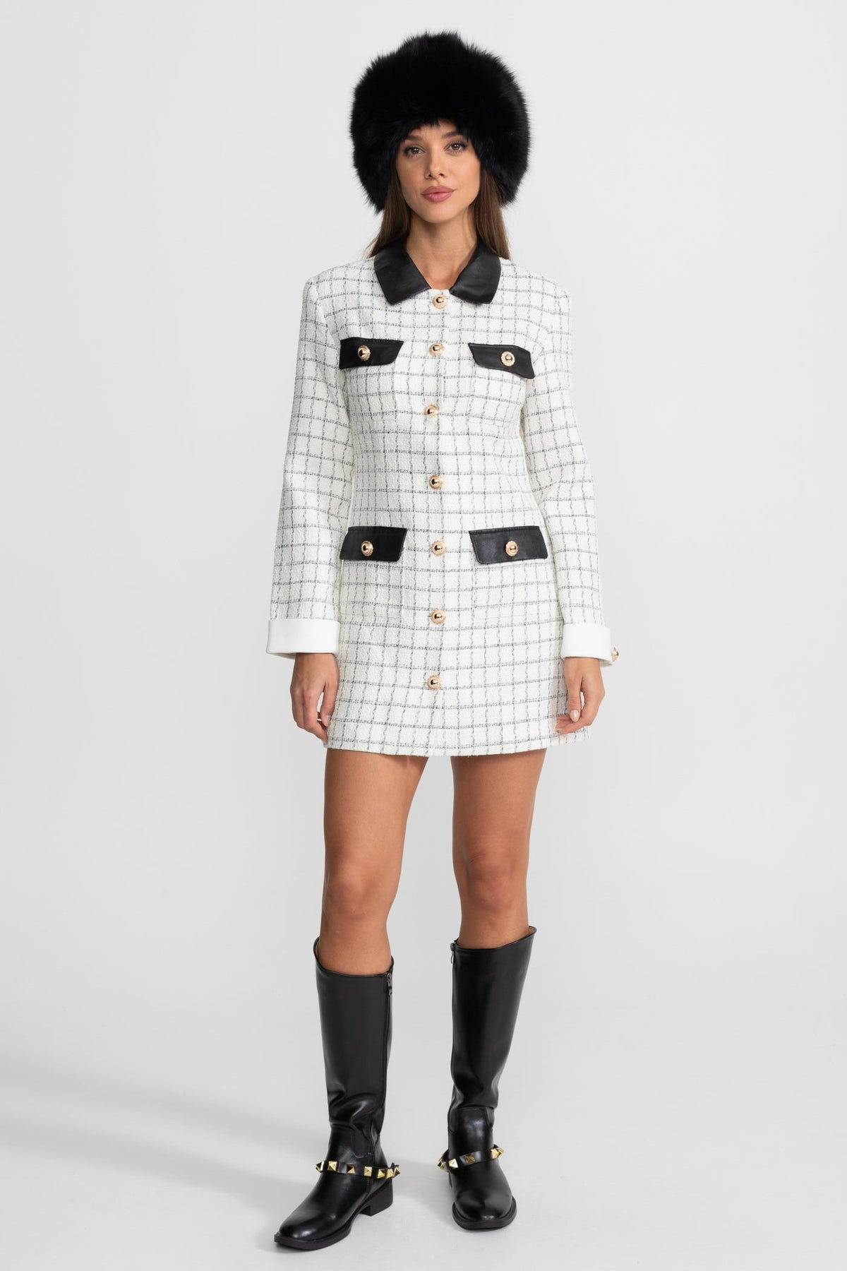 Tweed Mini Dress with Faux Leather Collar and Gold Buttons – White and Black – view 2