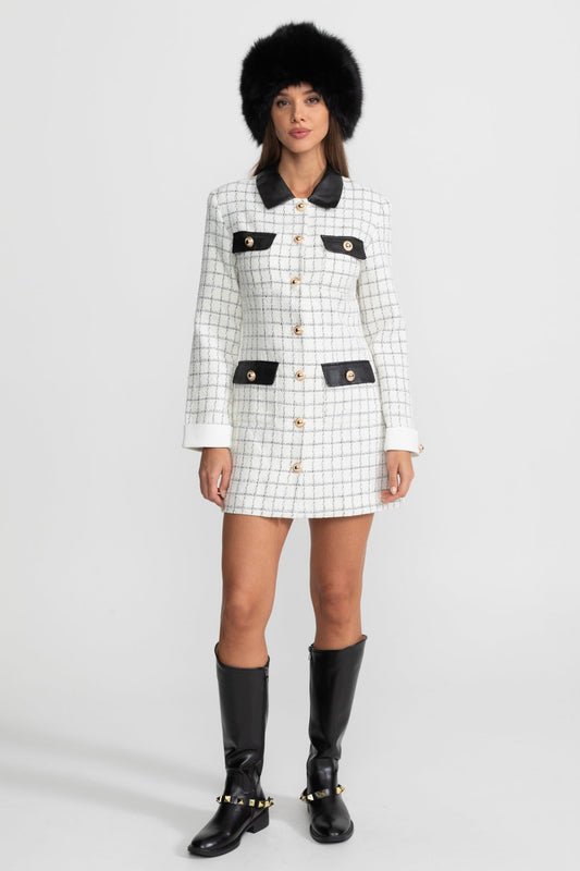 Tweed Mini Dress with Faux Leather Collar and Gold Buttons – White and Black