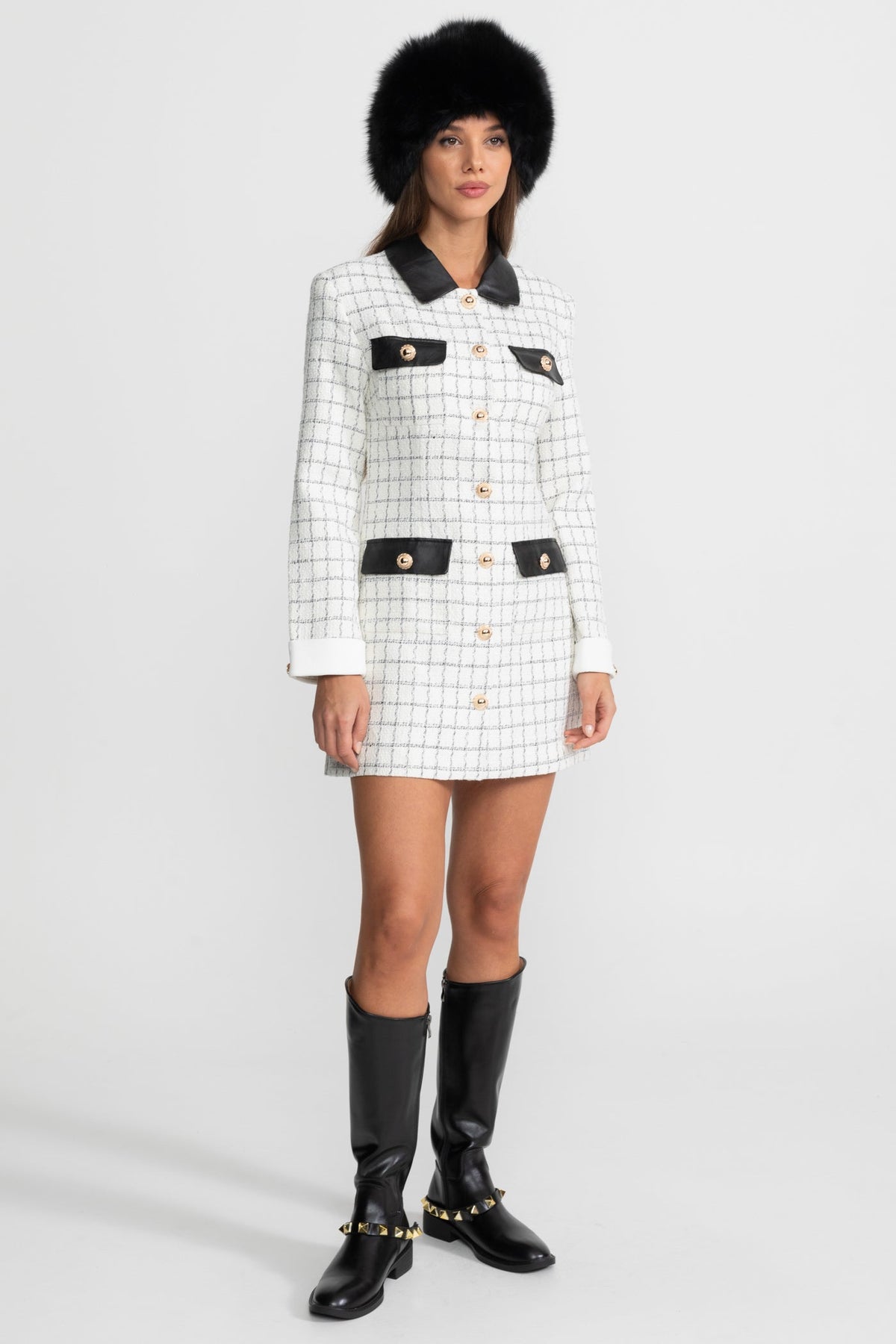 Tweed Mini Dress with Faux Leather Collar and Gold Buttons – White and Black