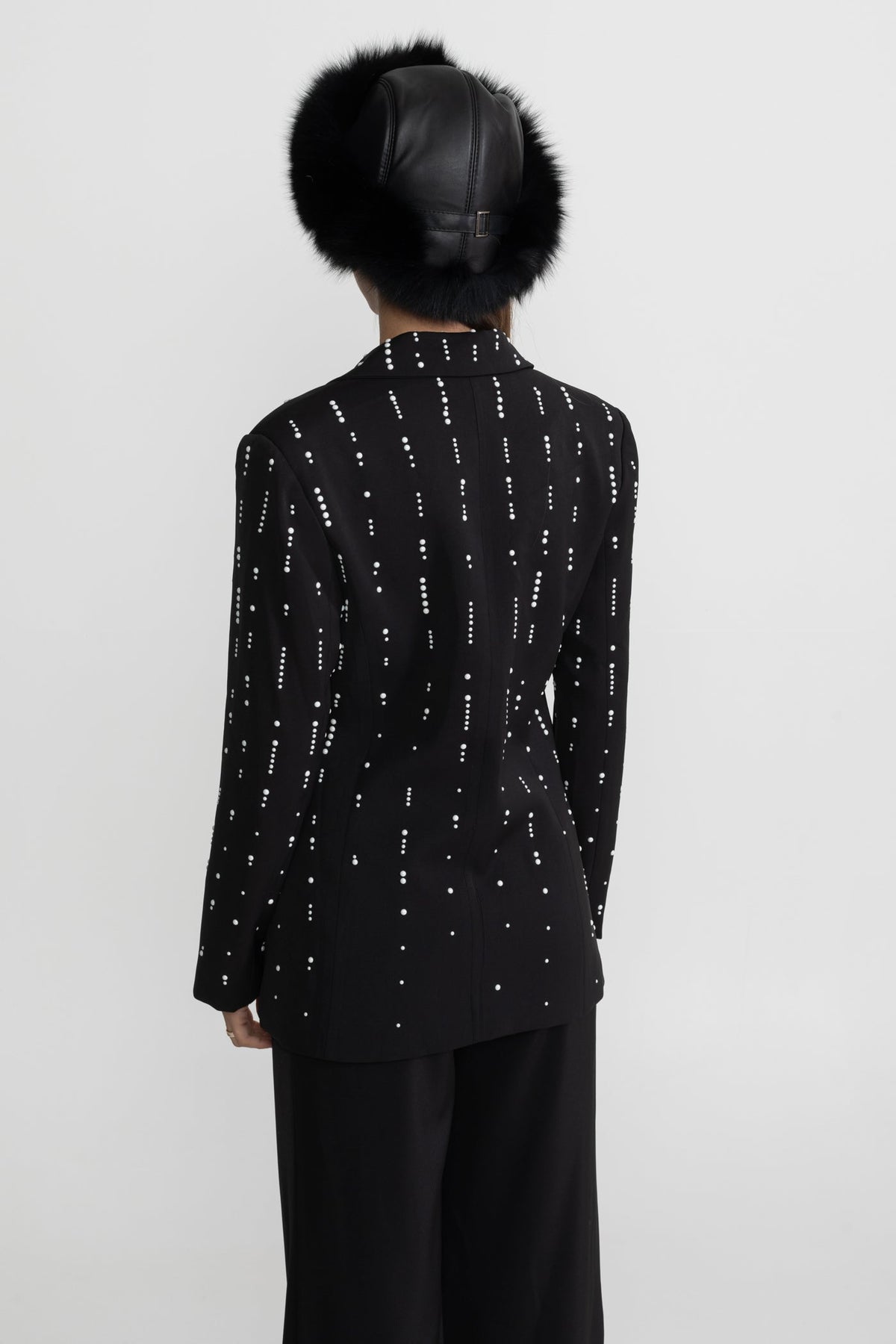 Double-Breasted Tailored Blazer with White Bead Embellishments – Black – view 8