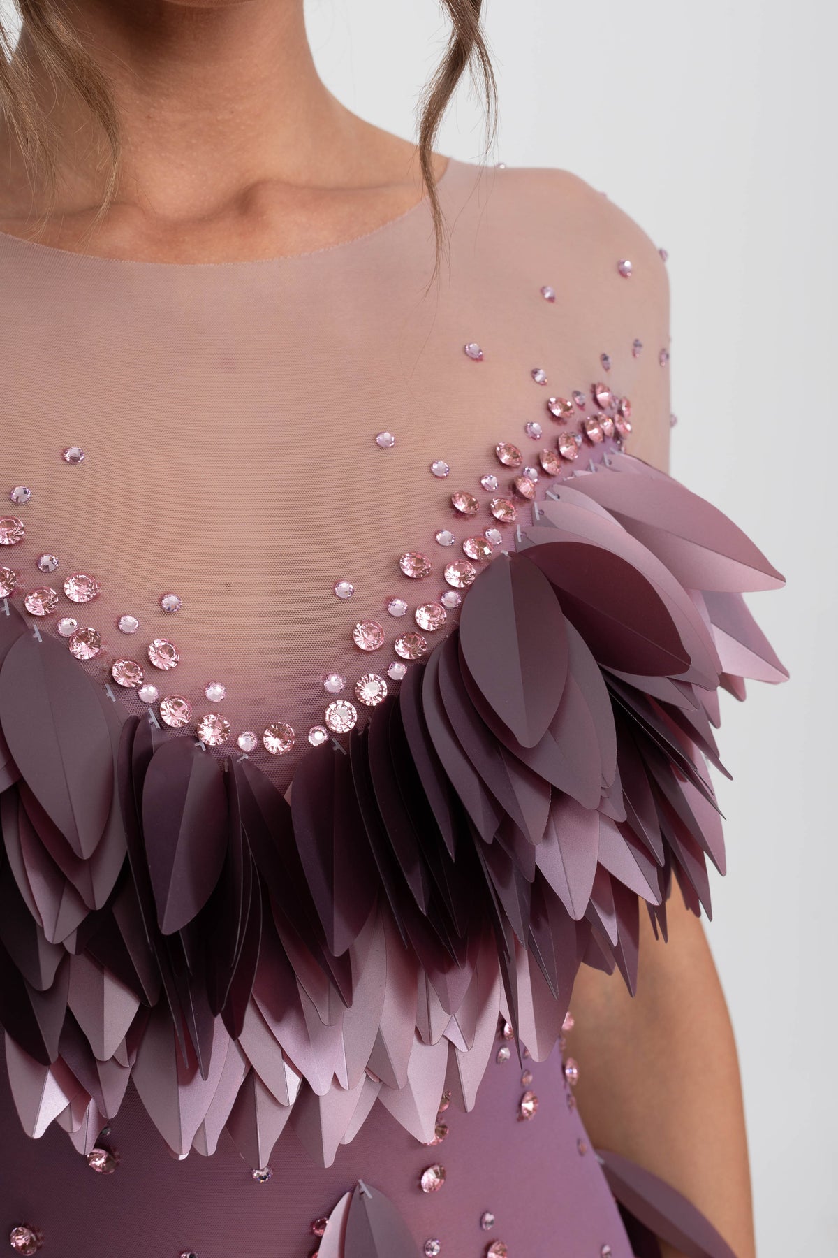 3D Petal Appliqué Beaded Short Sleeve Dress with Thigh Split – Purple