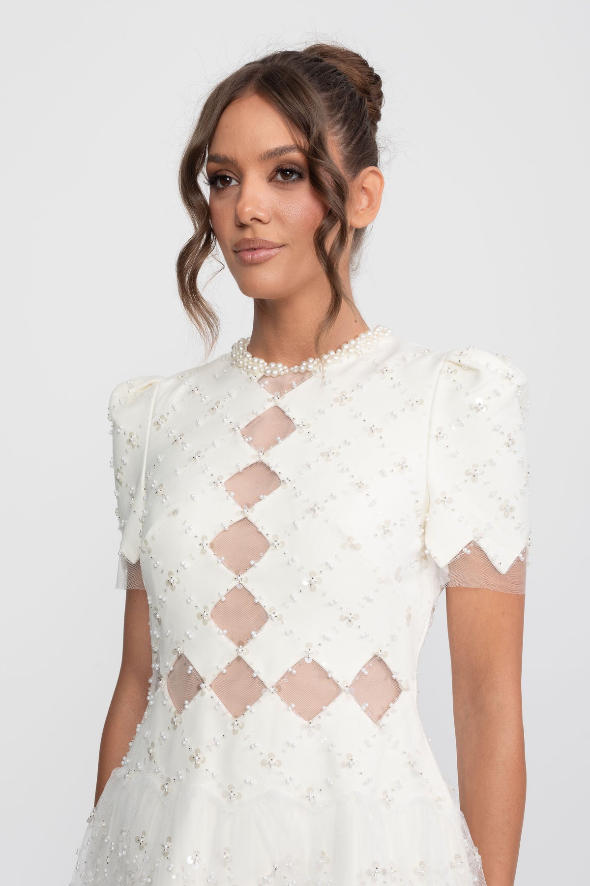 Pearl Trim Beaded Midi Dress with Diamond Mesh Cut-Outs – White – view 4