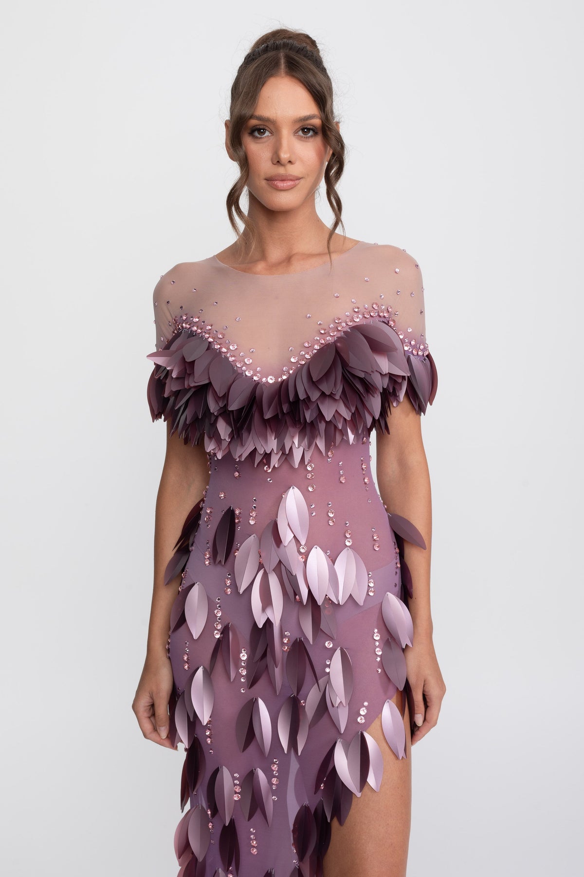 3D Petal Appliqué Beaded Short Sleeve Dress with Thigh Split – Purple
