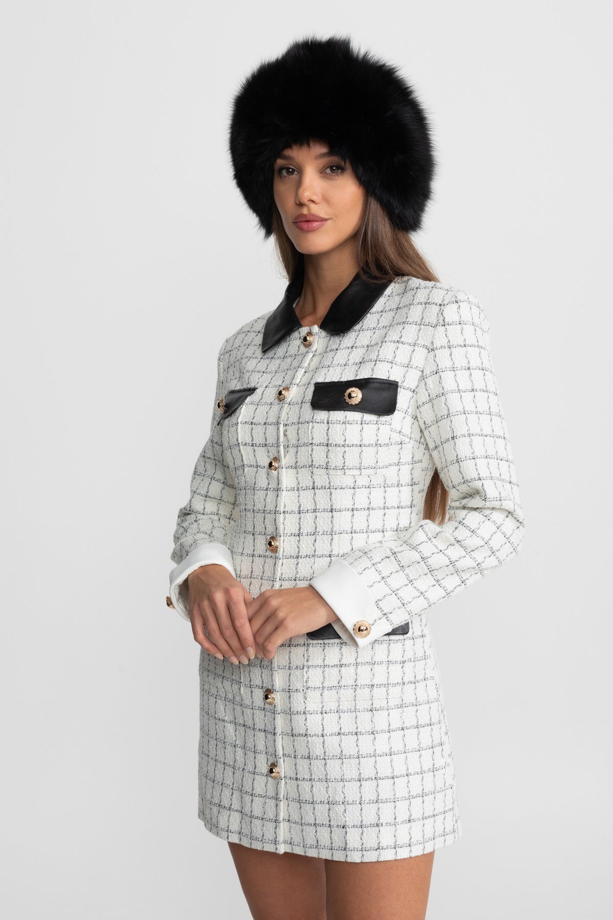 Tweed Mini Dress with Faux Leather Collar and Gold Buttons – White and Black – view 6