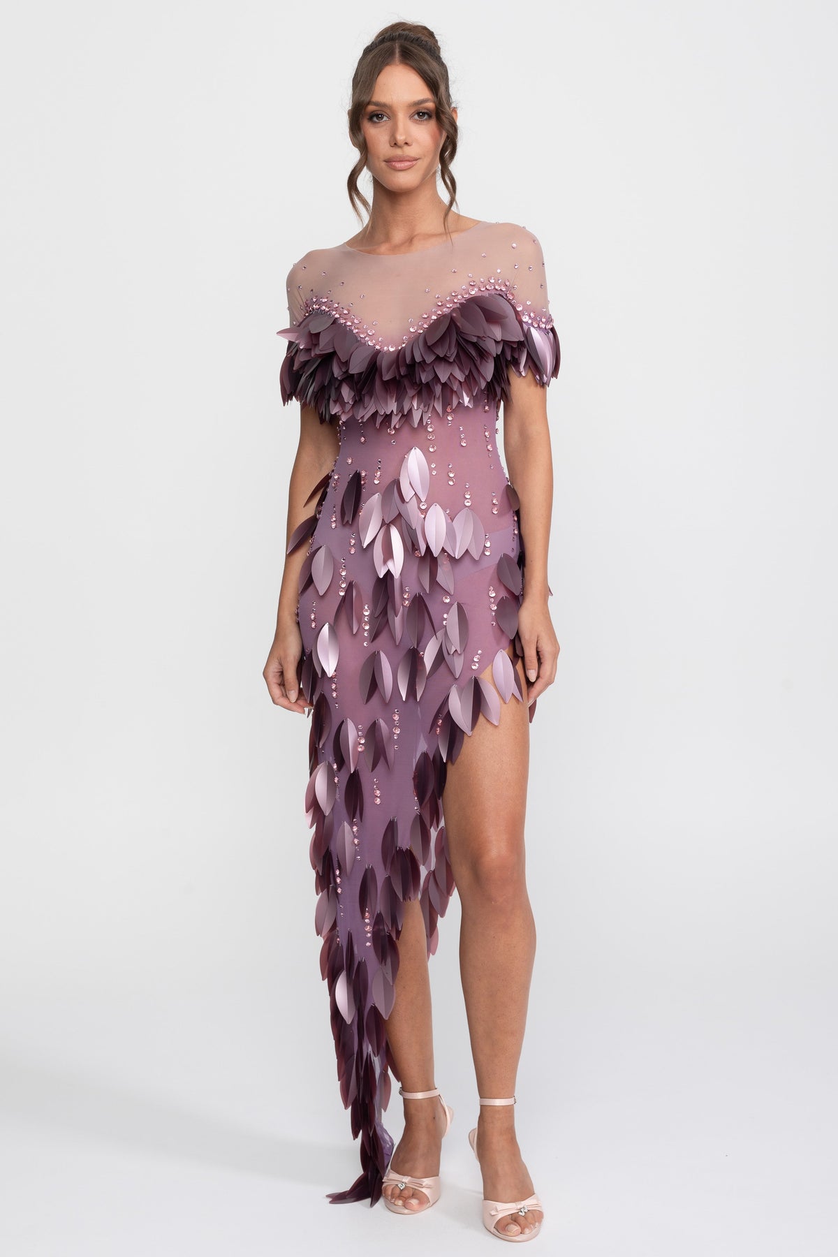 3D Petal Appliqué Beaded Short Sleeve Dress with Thigh Split – Purple – view 1