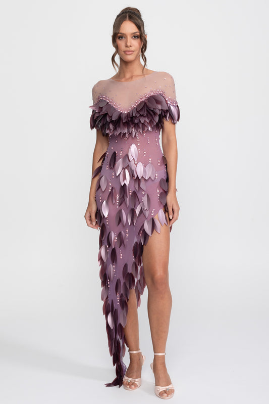 3D Petal Appliqué Beaded Short Sleeve Dress with Thigh Split – Purple