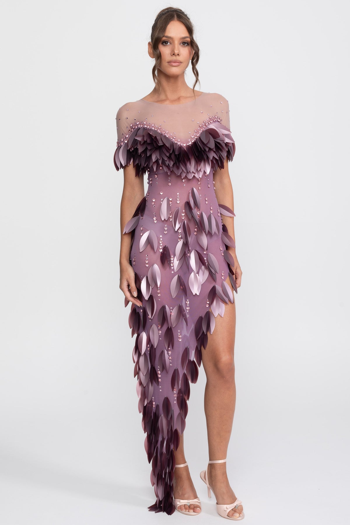 3D Petal Appliqué Beaded Short Sleeve Dress with Thigh Split – Purple
