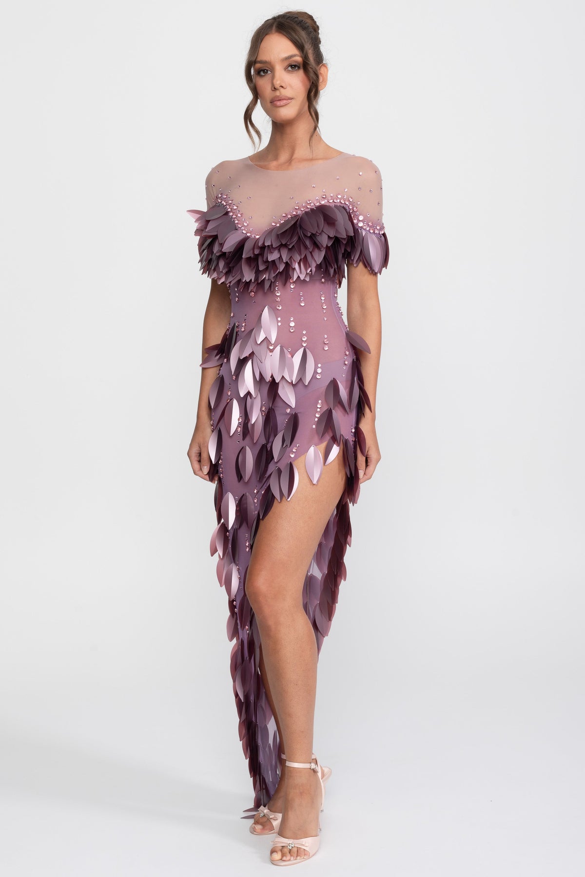 3D Petal Appliqué Beaded Short Sleeve Dress with Thigh Split – Purple – view 4