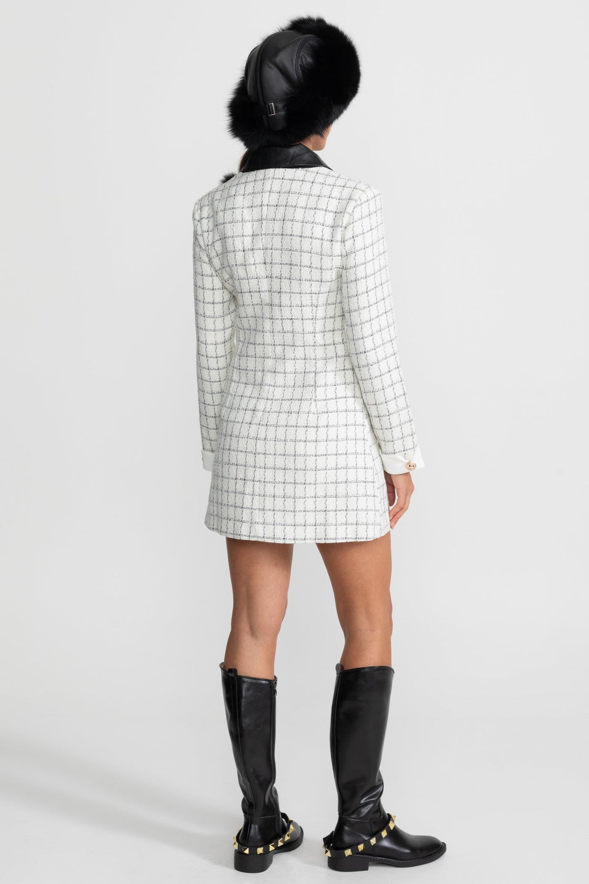 Tweed Mini Dress with Faux Leather Collar and Gold Buttons – White and Black – view 7