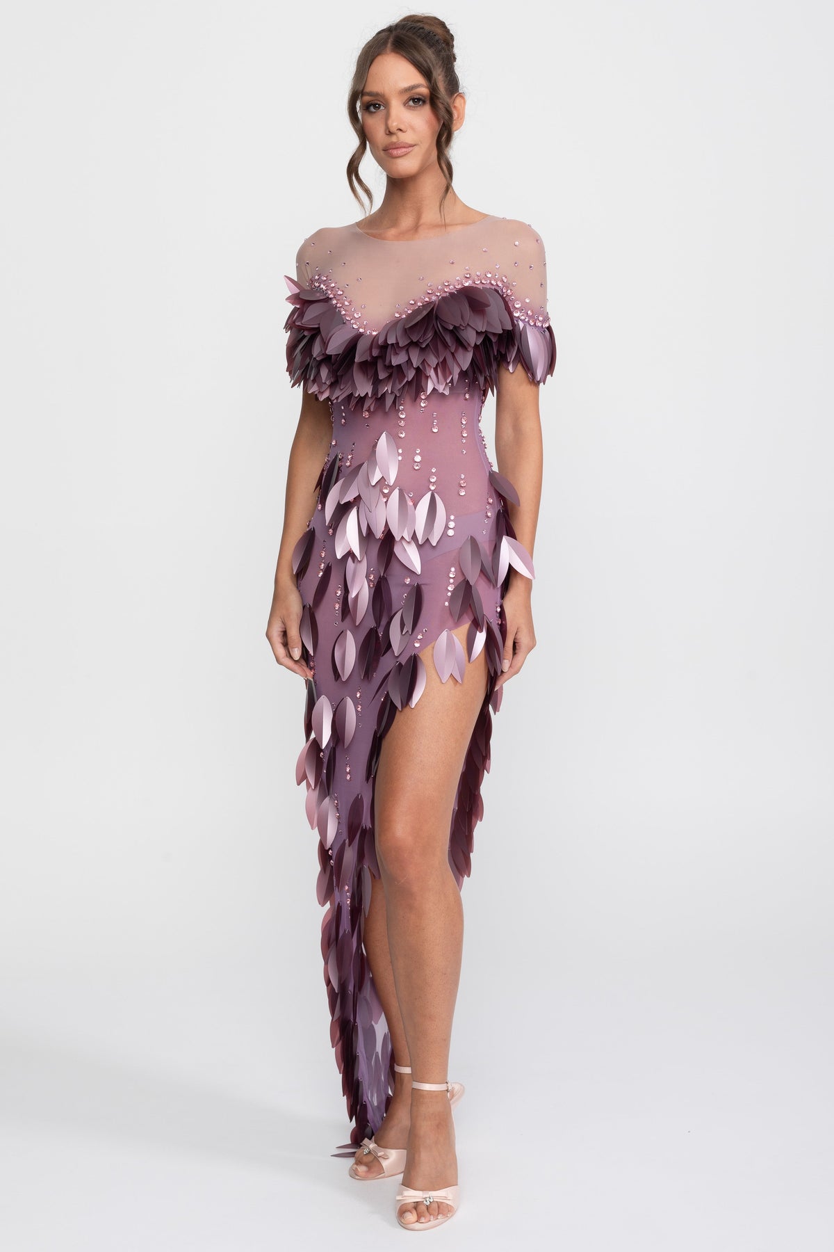 3D Petal Appliqué Beaded Short Sleeve Dress with Thigh Split – Purple – view 5
