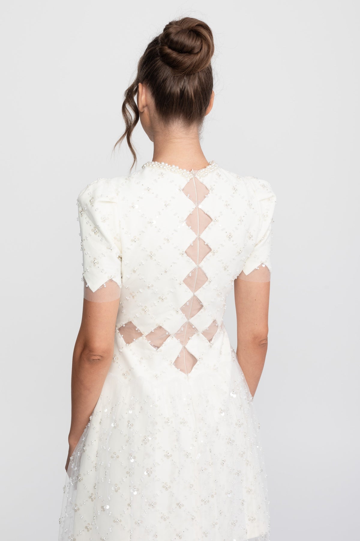 Pearl Trim Beaded Midi Dress with Diamond Mesh Cut-Outs – White – view 11