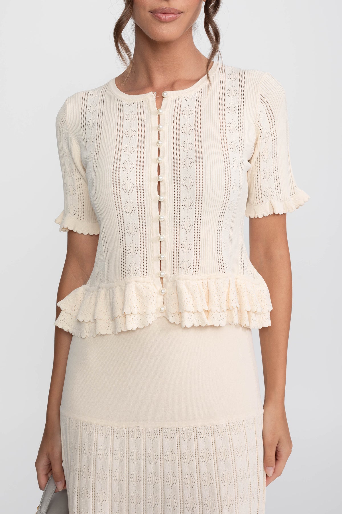 Ruffled Waist Knit Top and Maxi Skirt Set with Pearl Buttons – Ivory – view 7