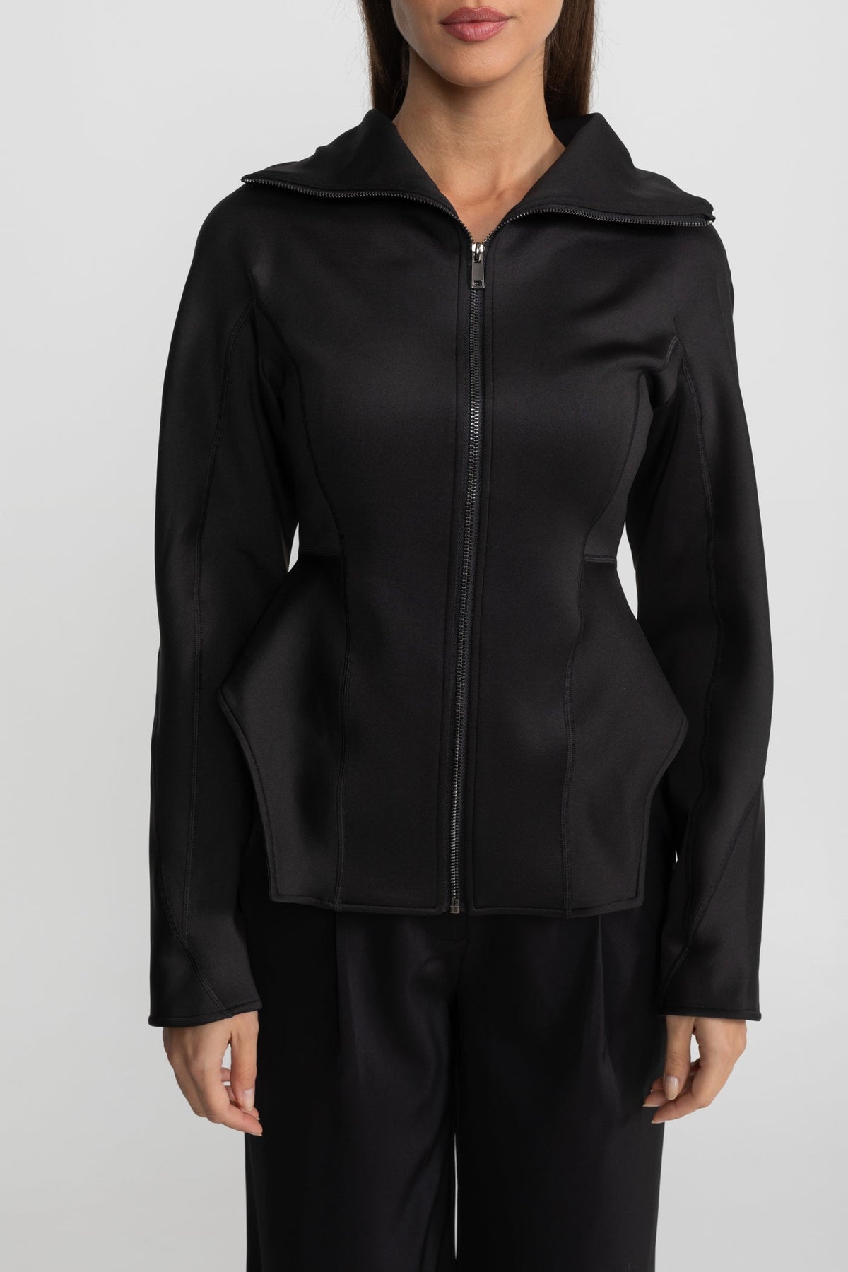 Structured Zip-Up Jacket with Sculpted Seams and High Collar – Black – view 3