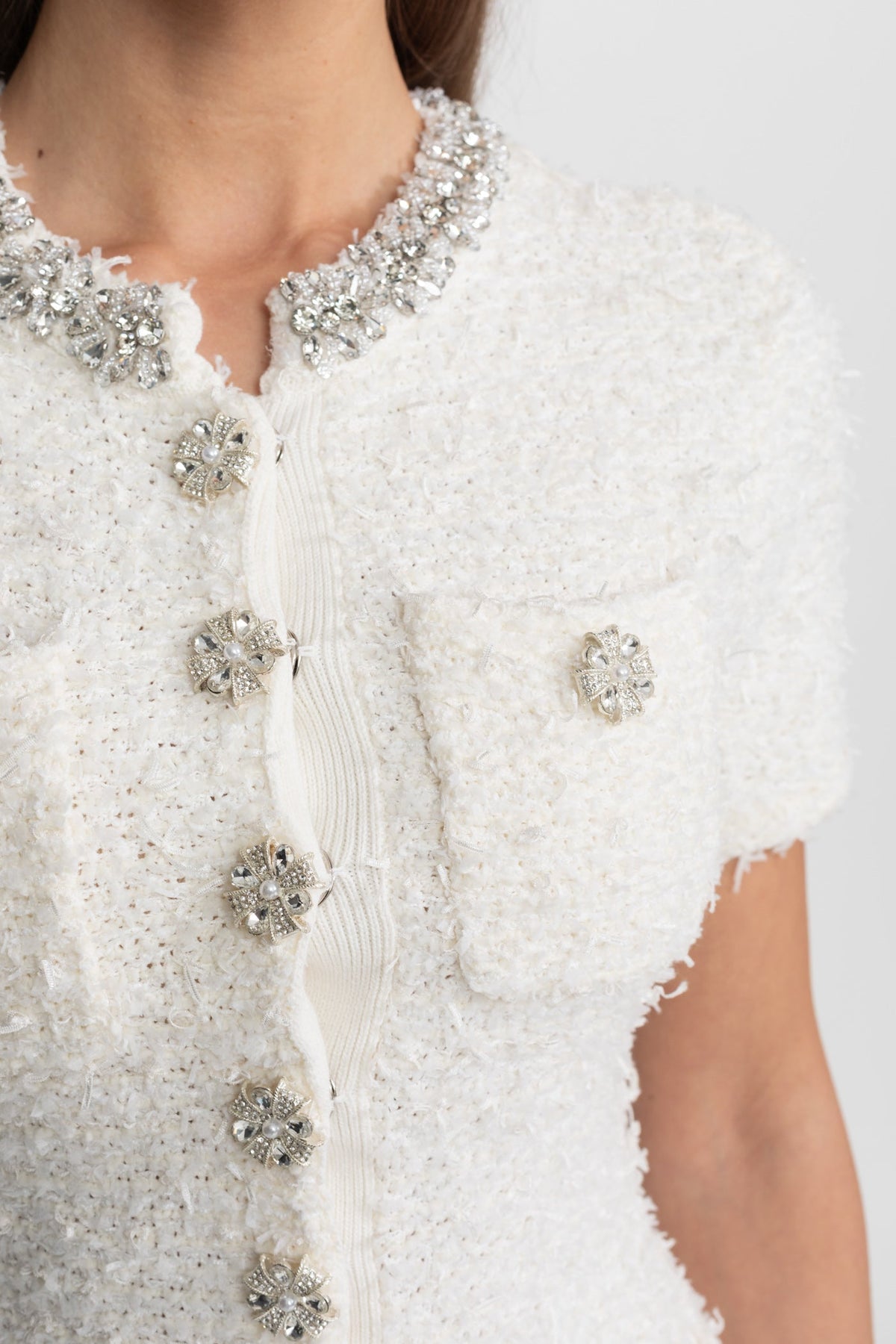 Tweed Short Sleeve Fitted Mini Dress with Crystal Buttons – White