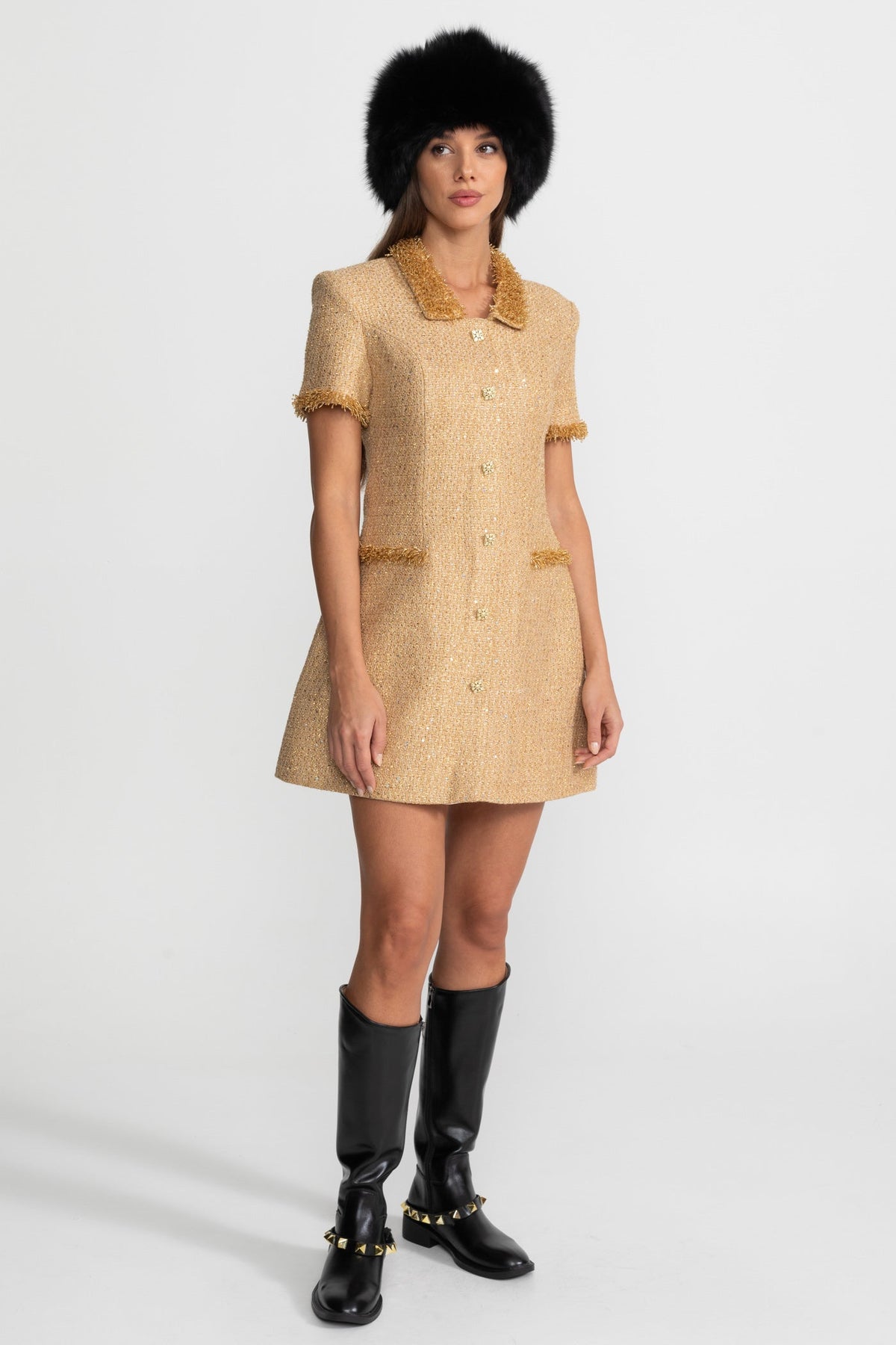 Metallic Tweed A-Line Mini Dress with Fringe Trim – Gold – view 3