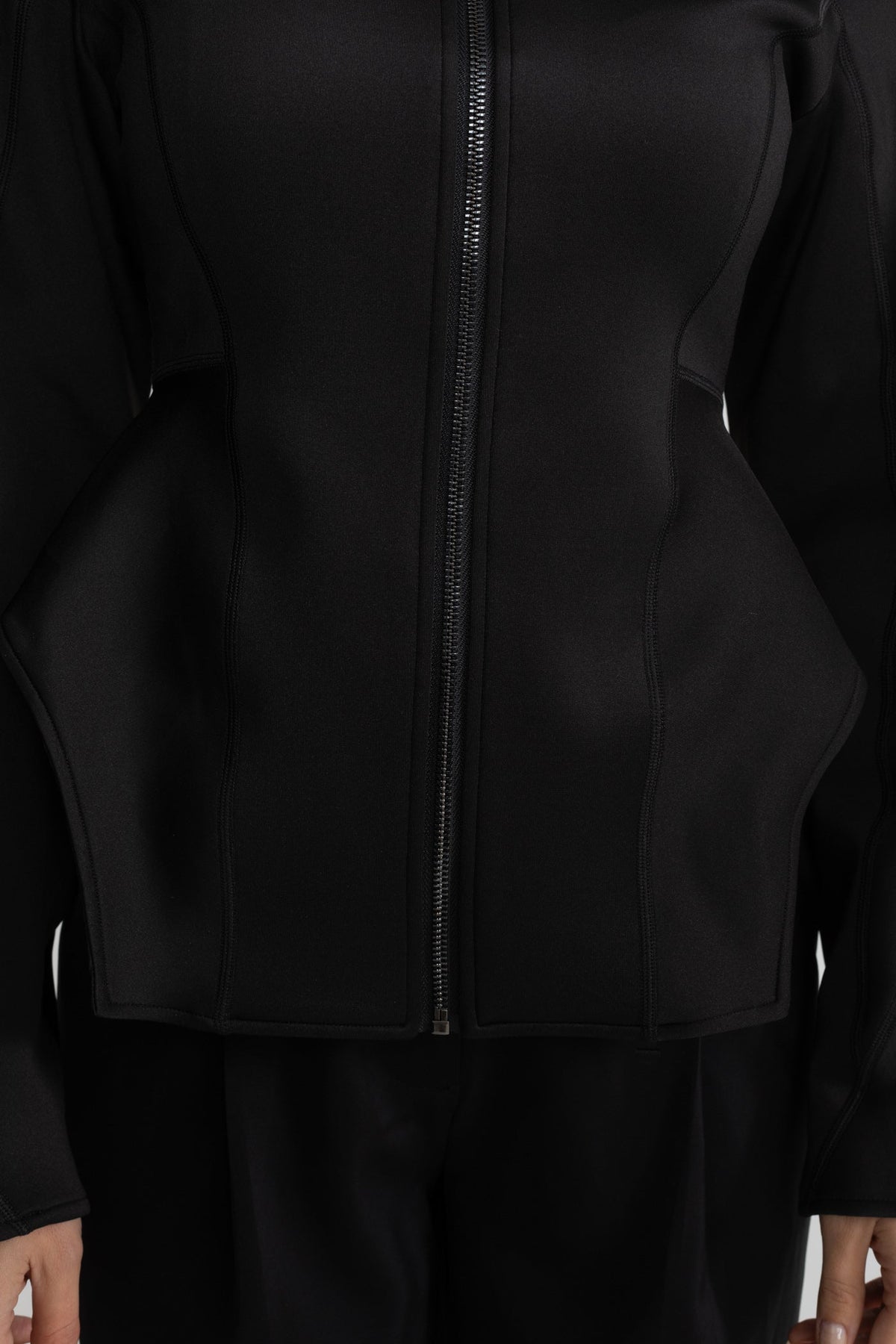 Structured Zip-Up Jacket with Sculpted Seams and High Collar – Black – view 4