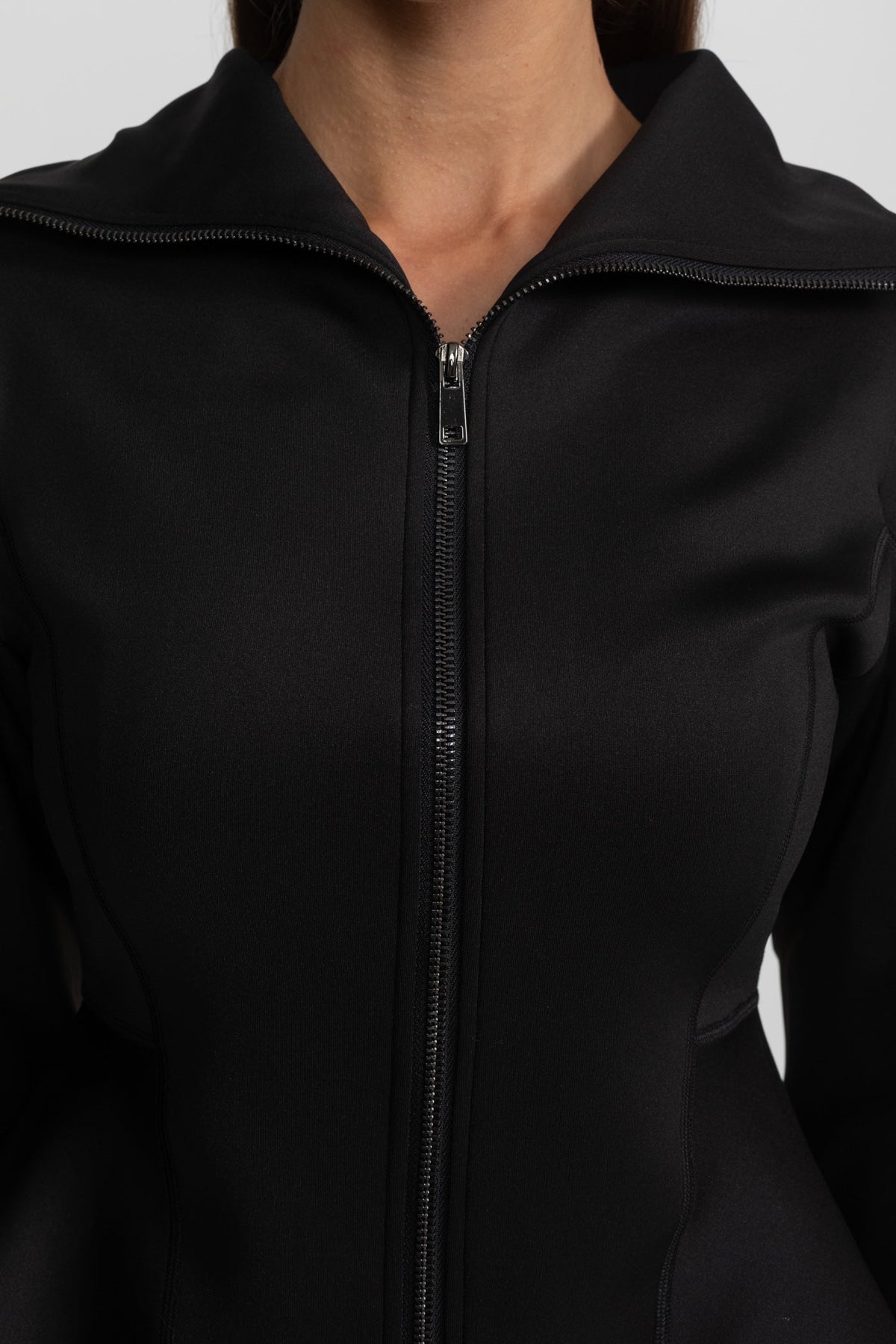 Structured Zip-Up Jacket with Sculpted Seams and High Collar – Black – view 5