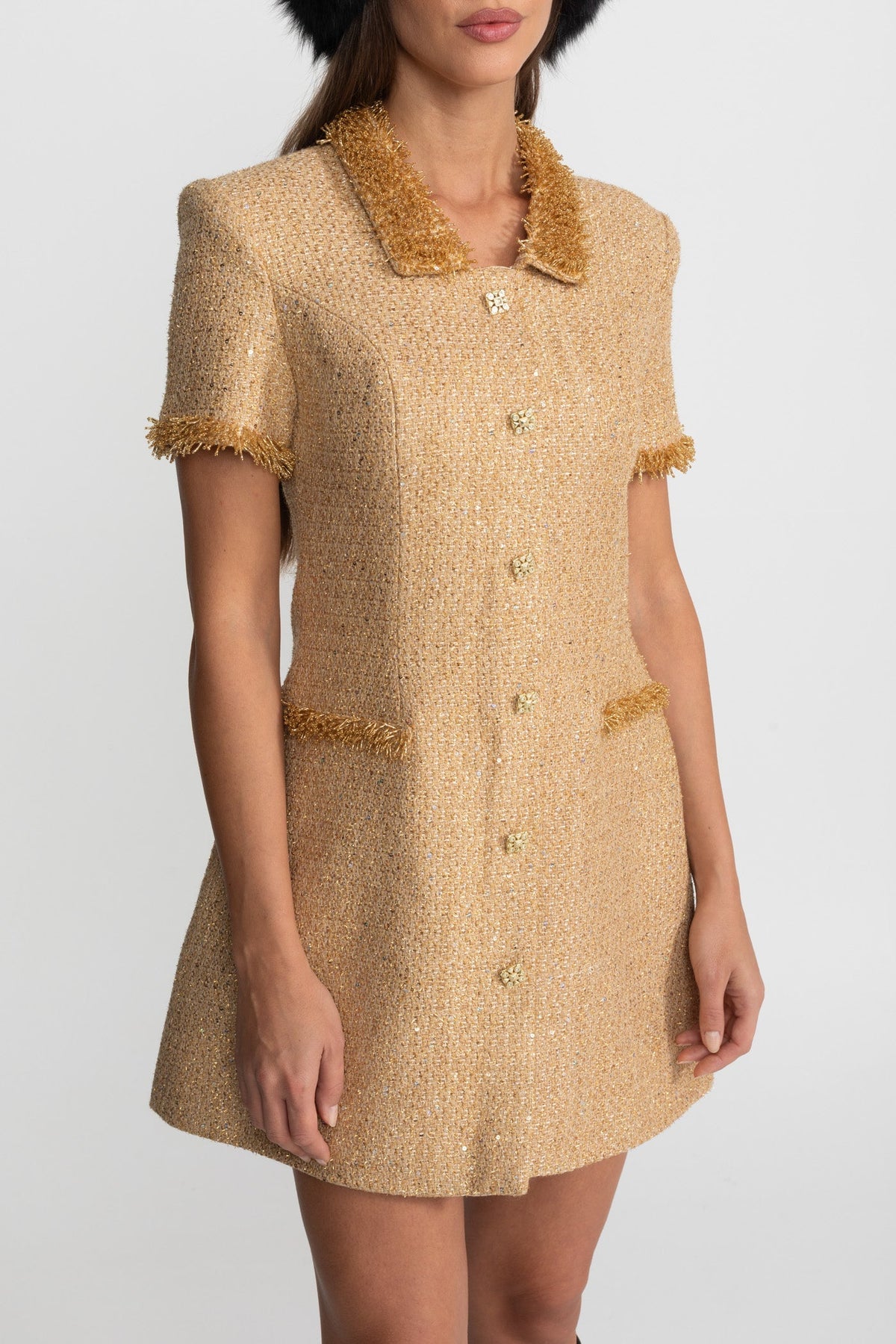 Metallic Tweed A-Line Mini Dress with Fringe Trim – Gold – view 4