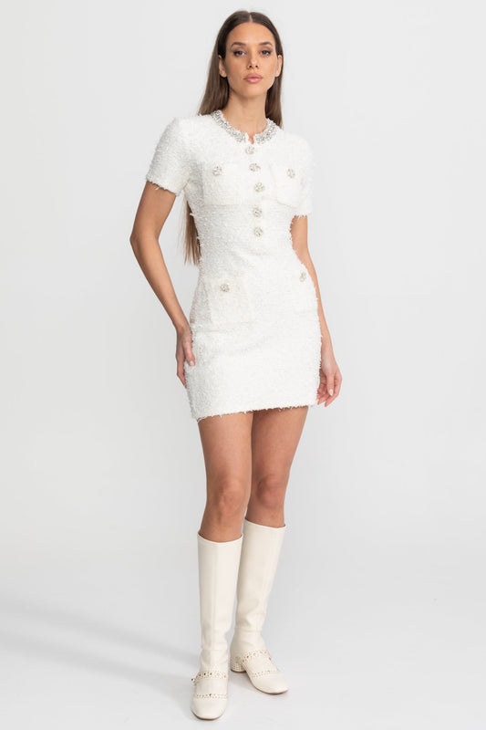 Tweed Short Sleeve Fitted Mini Dress with Crystal Buttons – White