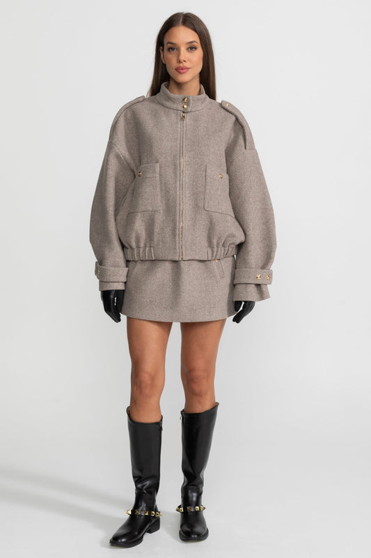 Wool Blend Cropped Bomber Jacket and Mini Skirt Co-ord Set – Taupe
