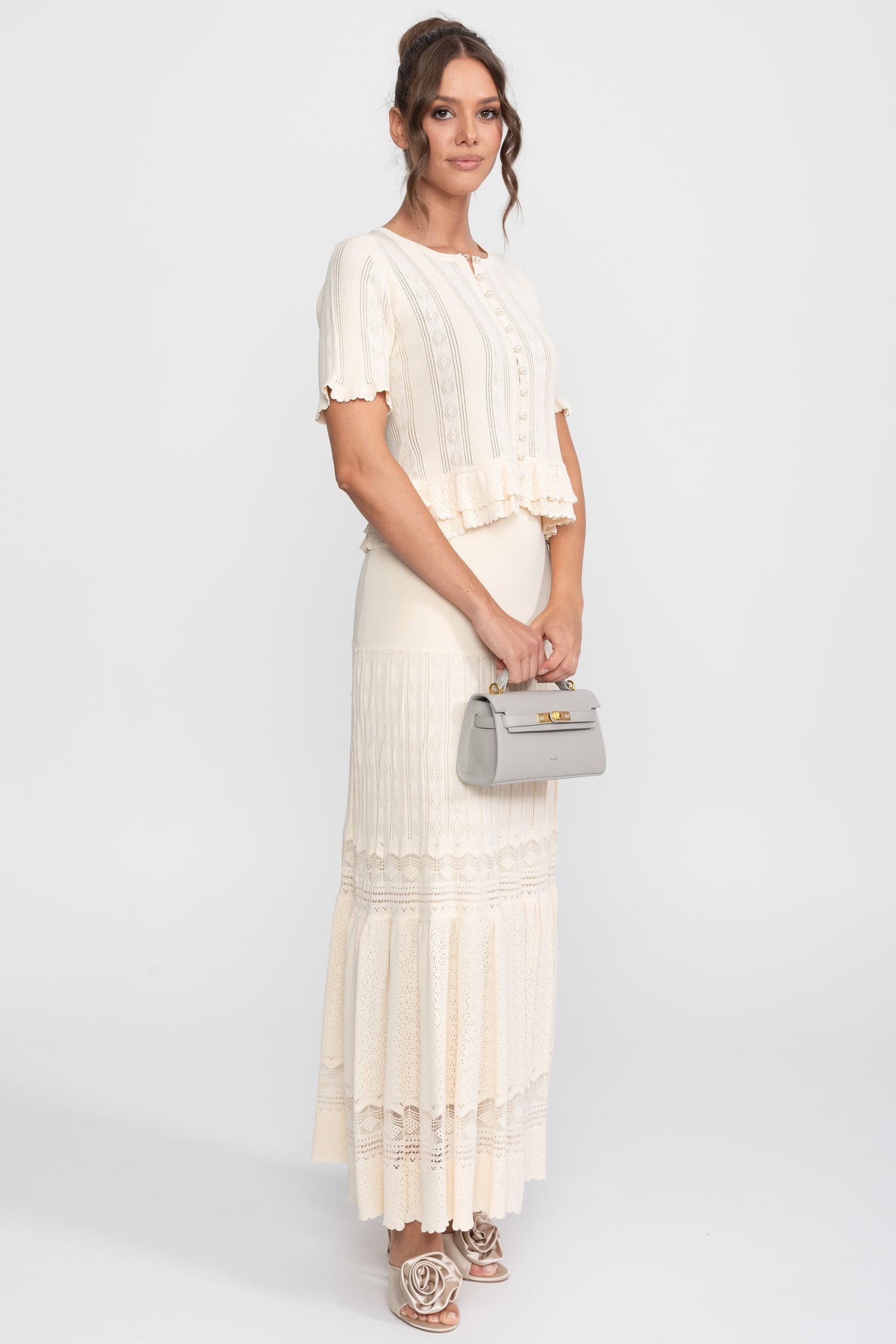 Ruffled Waist Knit Top and Maxi Skirt Set with Pearl Buttons – Ivory – view 5