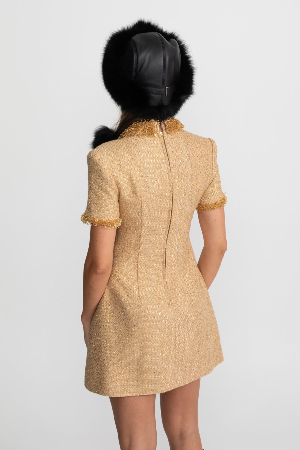 Metallic Tweed A-Line Mini Dress with Fringe Trim – Gold – view 5