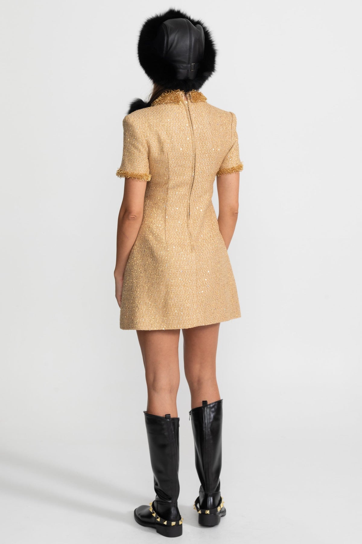 Metallic Tweed A-Line Mini Dress with Fringe Trim – Gold – view 6
