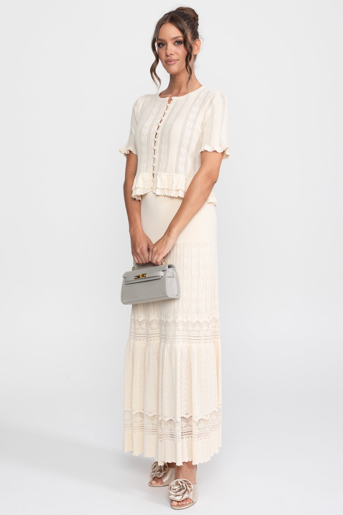 Ruffled Waist Knit Top and Maxi Skirt Set with Pearl Buttons – Ivory – view 6