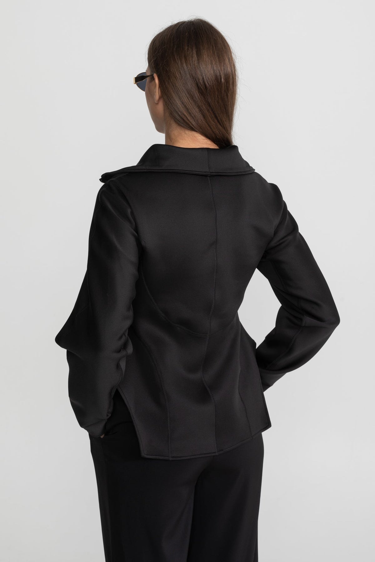 Structured Zip-Up Jacket with Sculpted Seams and High Collar – Black – view 2