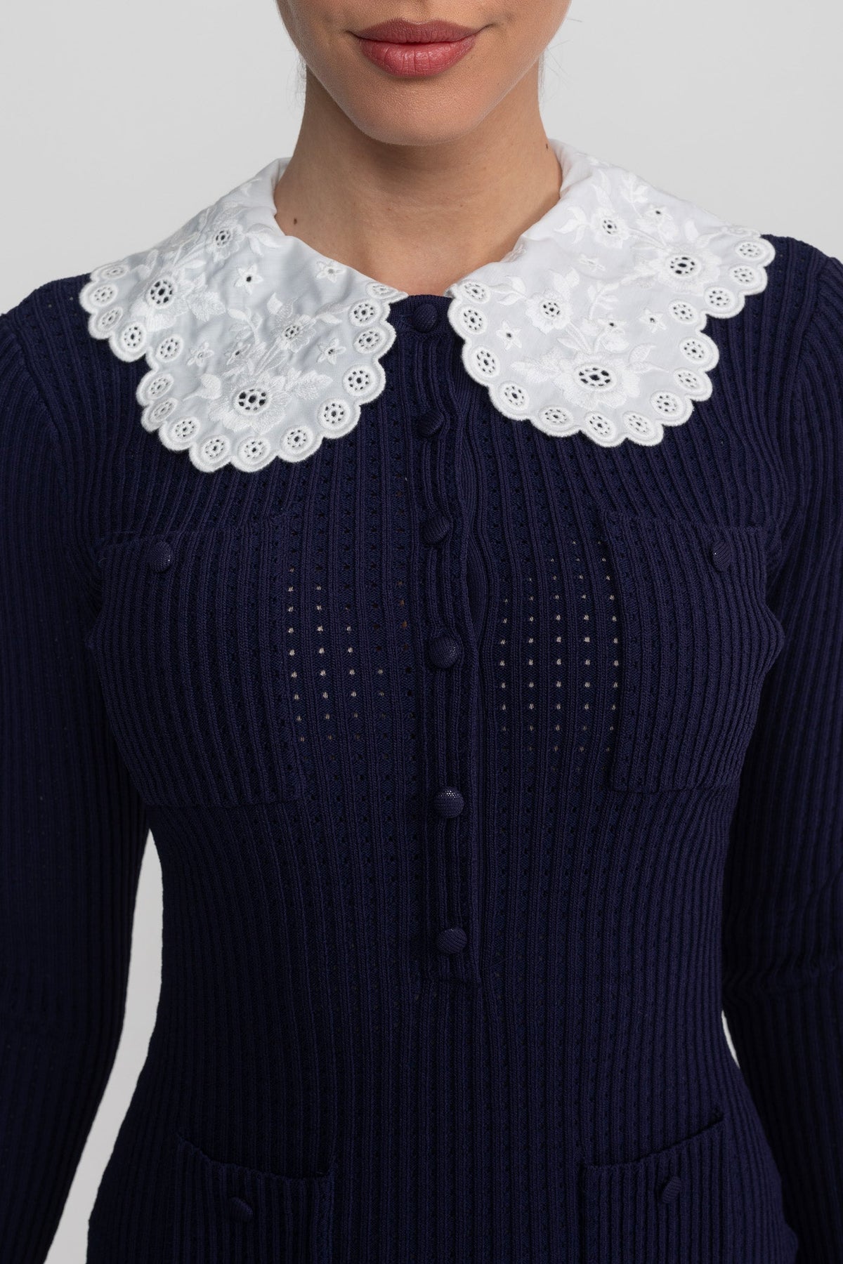 Knit Long Sleeve Mini Dress with Broderie Peter Pan Collar – Navy – view 4