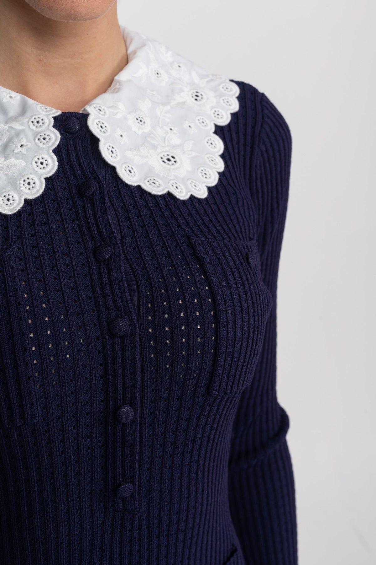 Knit Long Sleeve Mini Dress with Broderie Peter Pan Collar – Navy – view 5