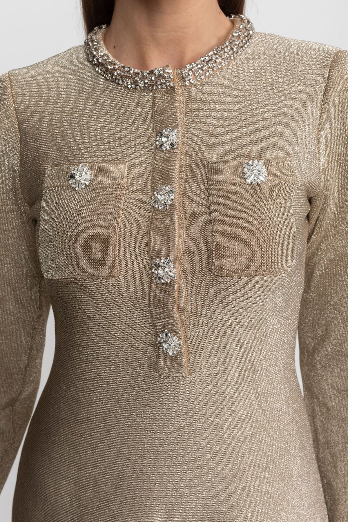 Shimmer Knit Long Sleeve Mini Dress with Crystal Buttons – Champagne – view 4
