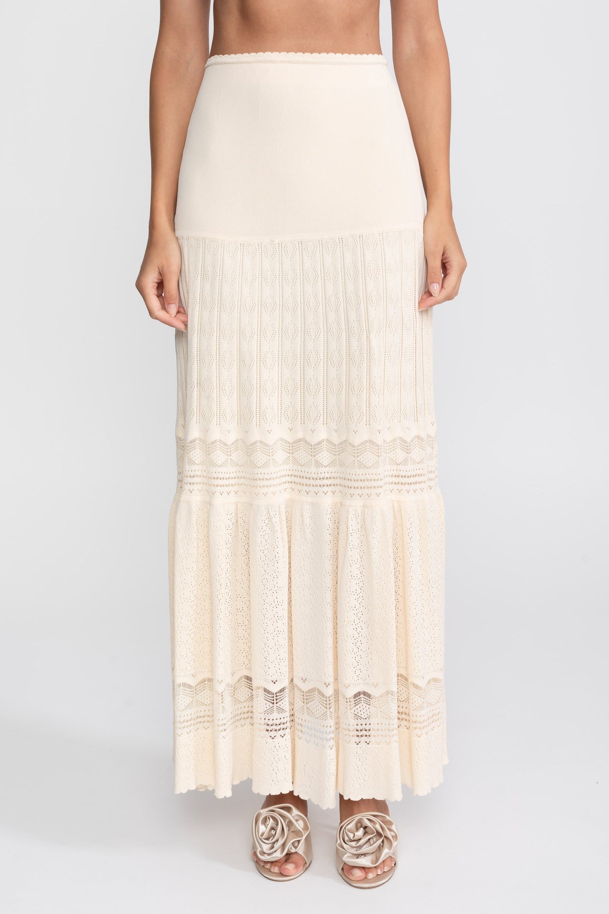 Ruffled Waist Knit Top and Maxi Skirt Set with Pearl Buttons – Ivory – view 4