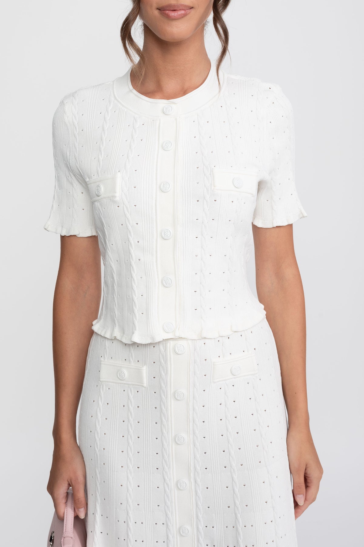 Ribbed Knit Cropped Cardigan and Pleated Maxi Skirt Set – White – view 7