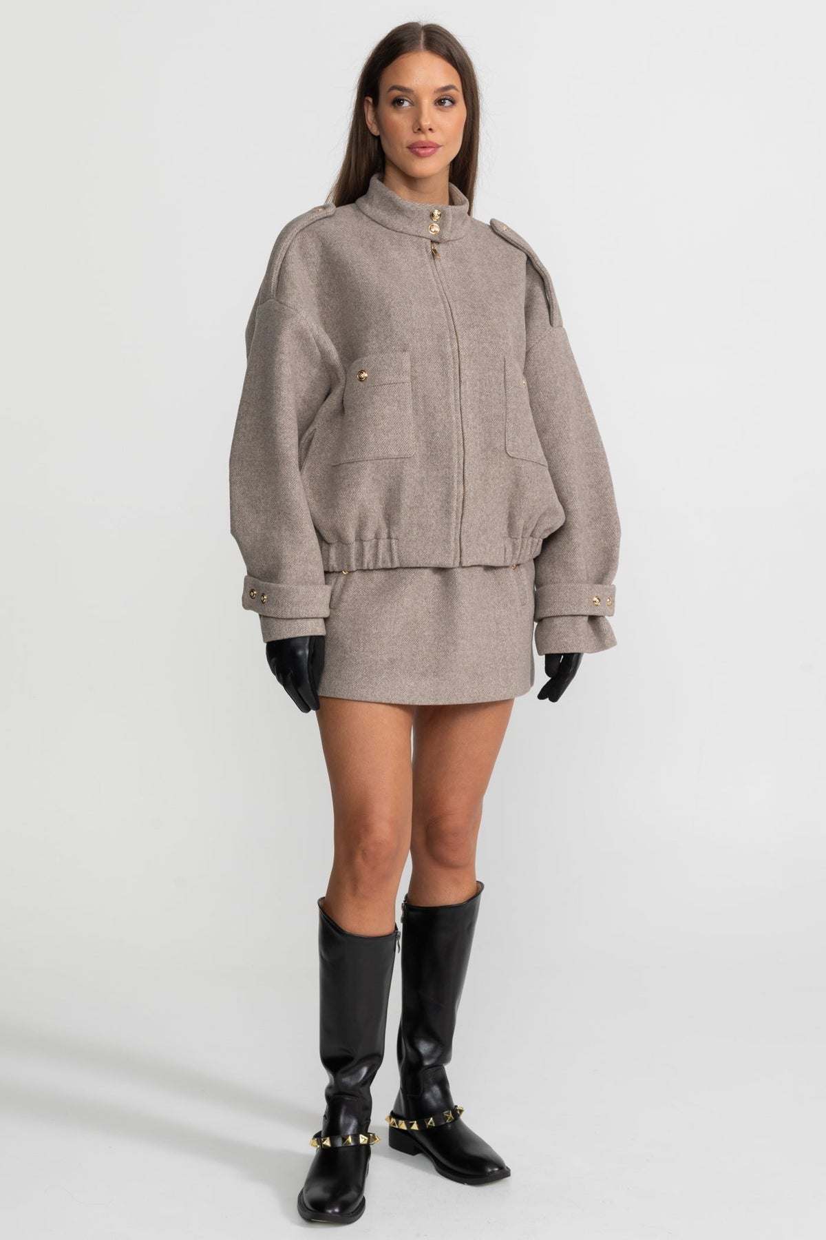 Wool Blend Cropped Bomber Jacket and Mini Skirt Co-ord Set – Taupe – view 3