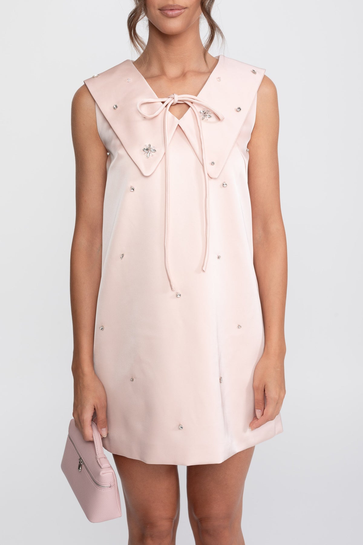 Sleeveless Sailor Collar Satin Mini Dress with Tie Neck – Pink – view 3