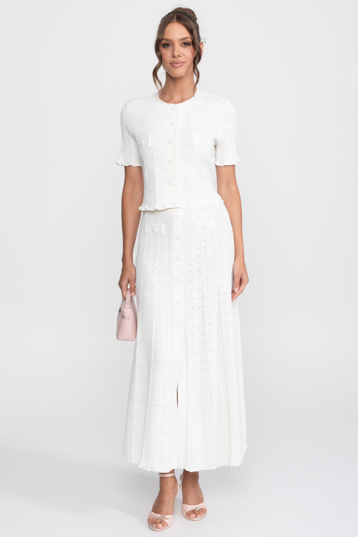 Ribbed Knit Cropped Cardigan and Pleated Maxi Skirt Set – White – view 1