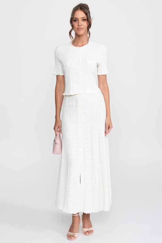 Ribbed Knit Cropped Cardigan and Pleated Maxi Skirt Set – White