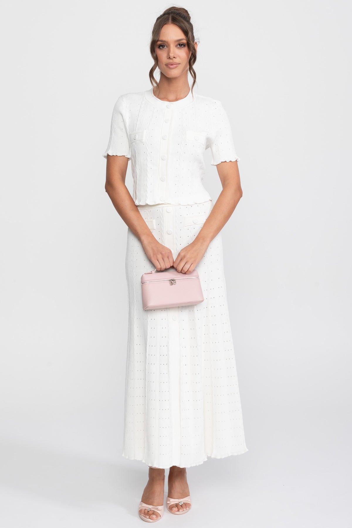 Ribbed Knit Cropped Cardigan and Pleated Maxi Skirt Set – White – view 3