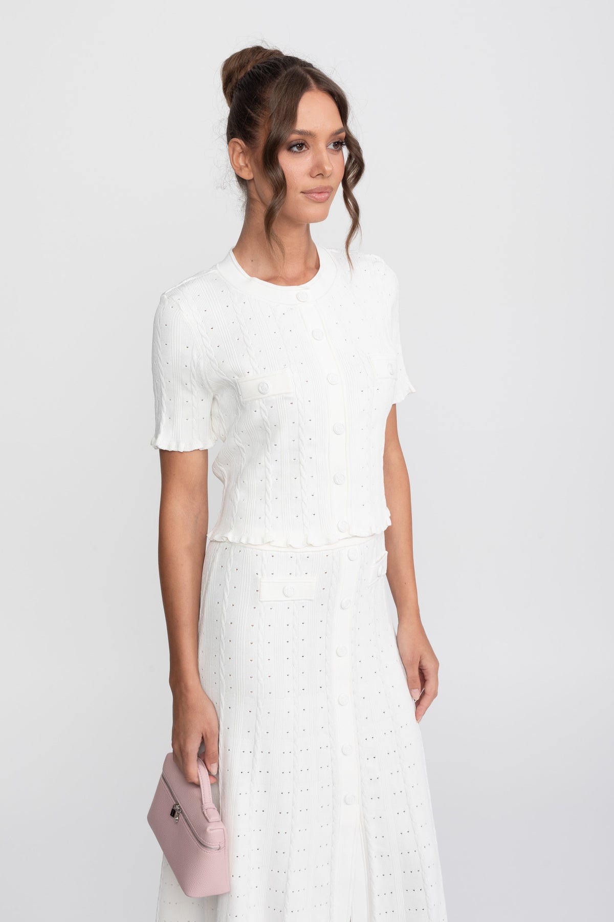 Ribbed Knit Cropped Cardigan and Pleated Maxi Skirt Set – White – view 5