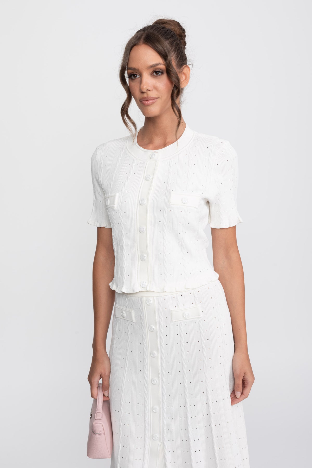 Ribbed Knit Cropped Cardigan and Pleated Maxi Skirt Set – White – view 6