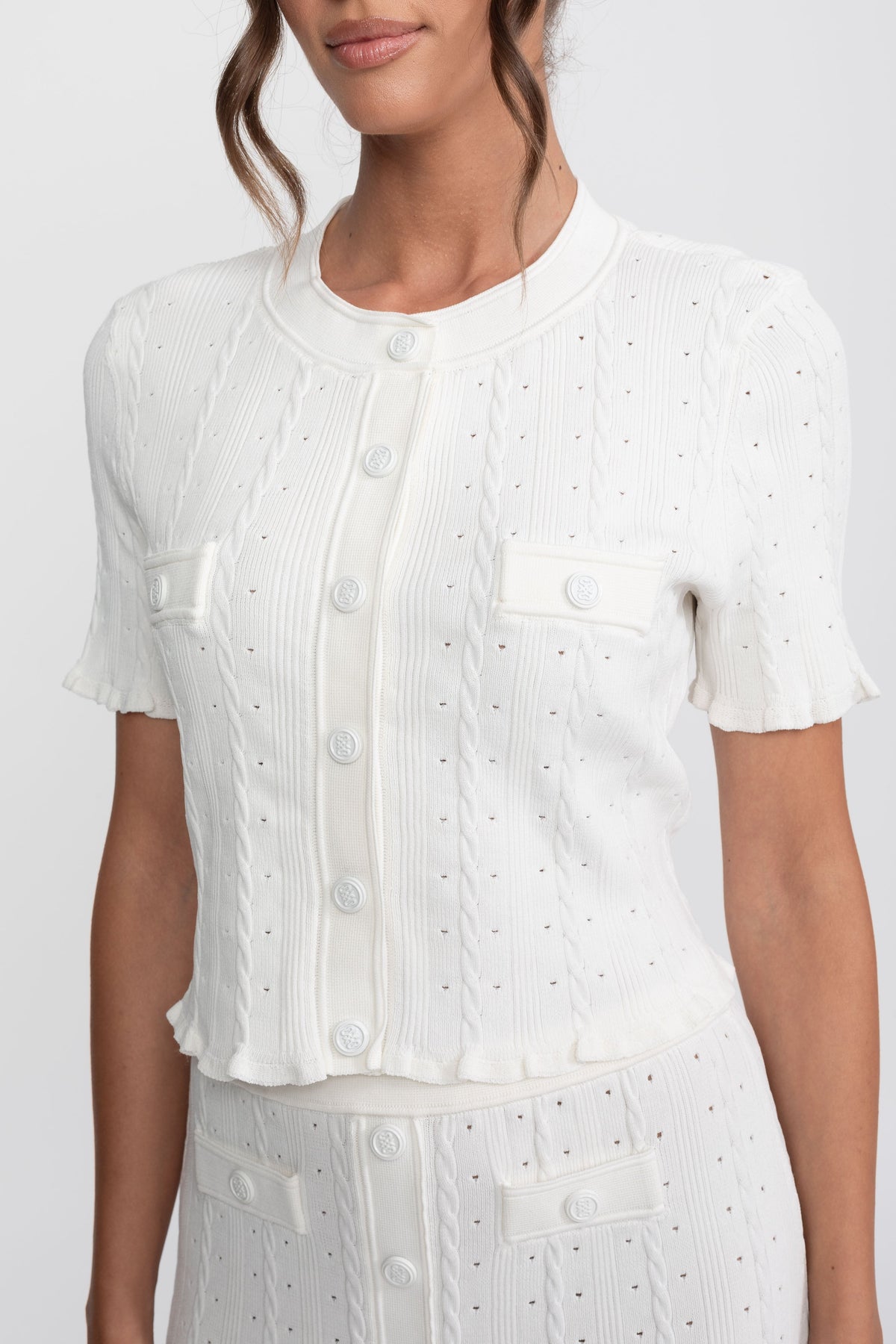 Ribbed Knit Cropped Cardigan and Pleated Maxi Skirt Set – White – view 8