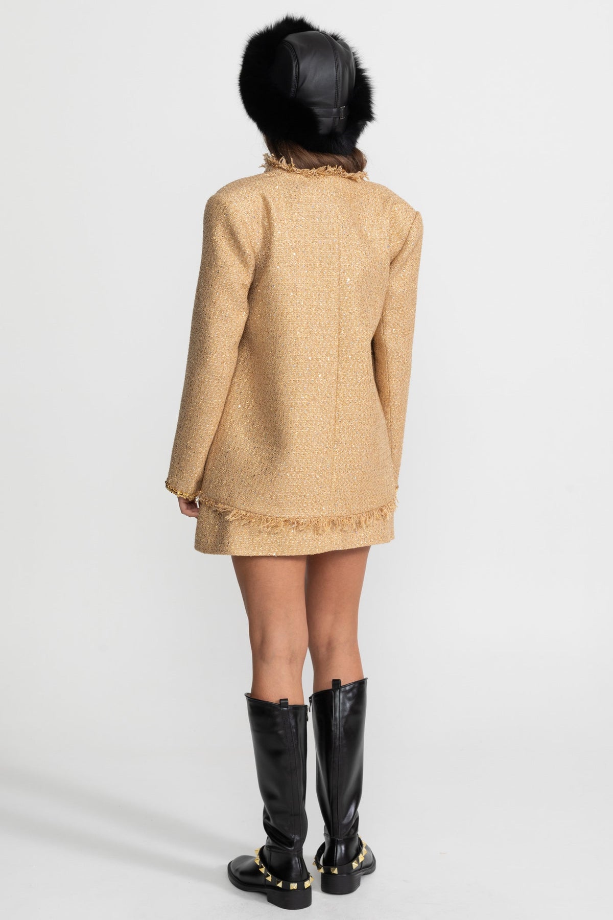 Textured Tweed Overcoat with Sequin Embellishments and Fringe Trim – Gold – view 4