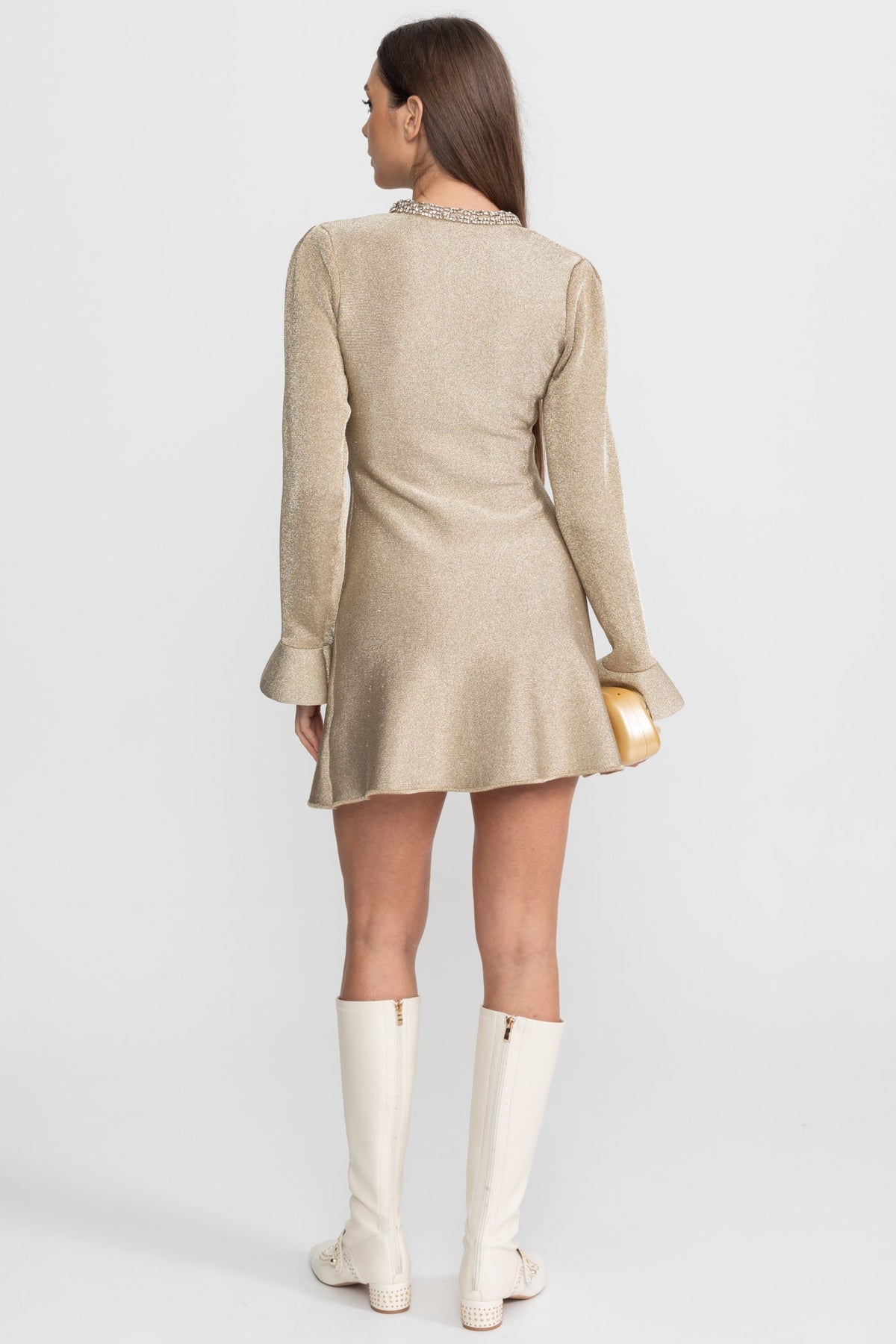 Shimmer Knit Long Sleeve Mini Dress with Crystal Buttons – Champagne – view 6